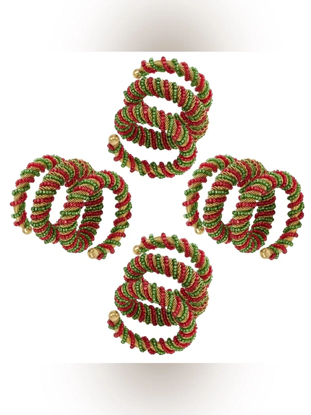 Red/Green Christmas Spiral Napkin Rings Beaded Set of 4 Brand New Made in India